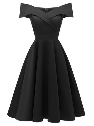 Schwarz 1950er Schulterfrei V-Ausschnitt Solide Swing Kleid