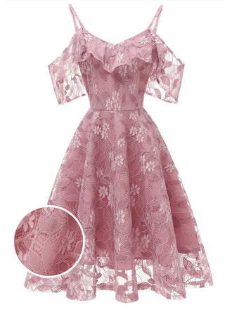 1950ER SPITZE SCHULTER RÜSCHEN BLUMEN KLEID