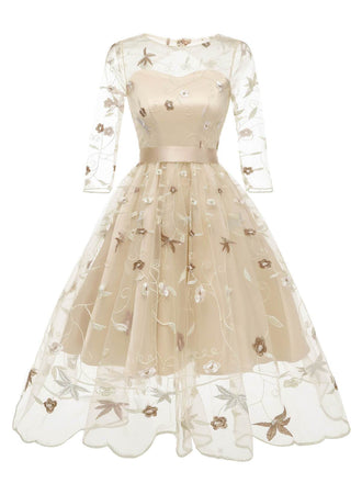 1950ER STICKEREI BLUMEN 3/4 ÄRMEL SWING KLEID