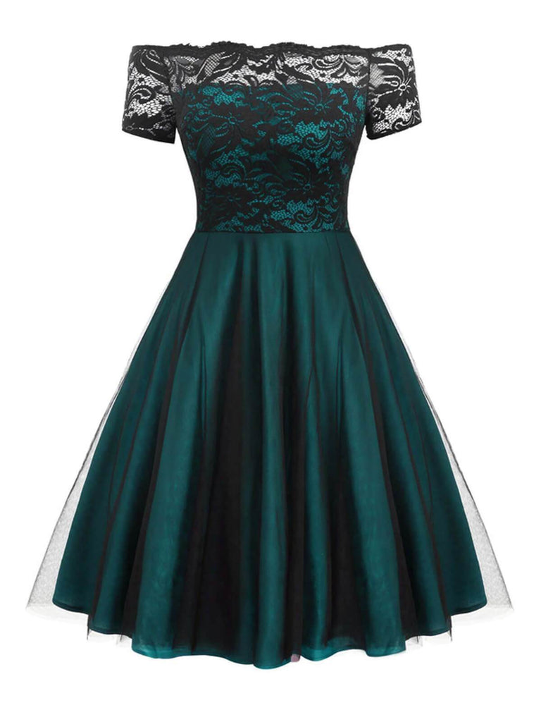 1950er Spitze Schulterfrei Blumen Swing Kleid