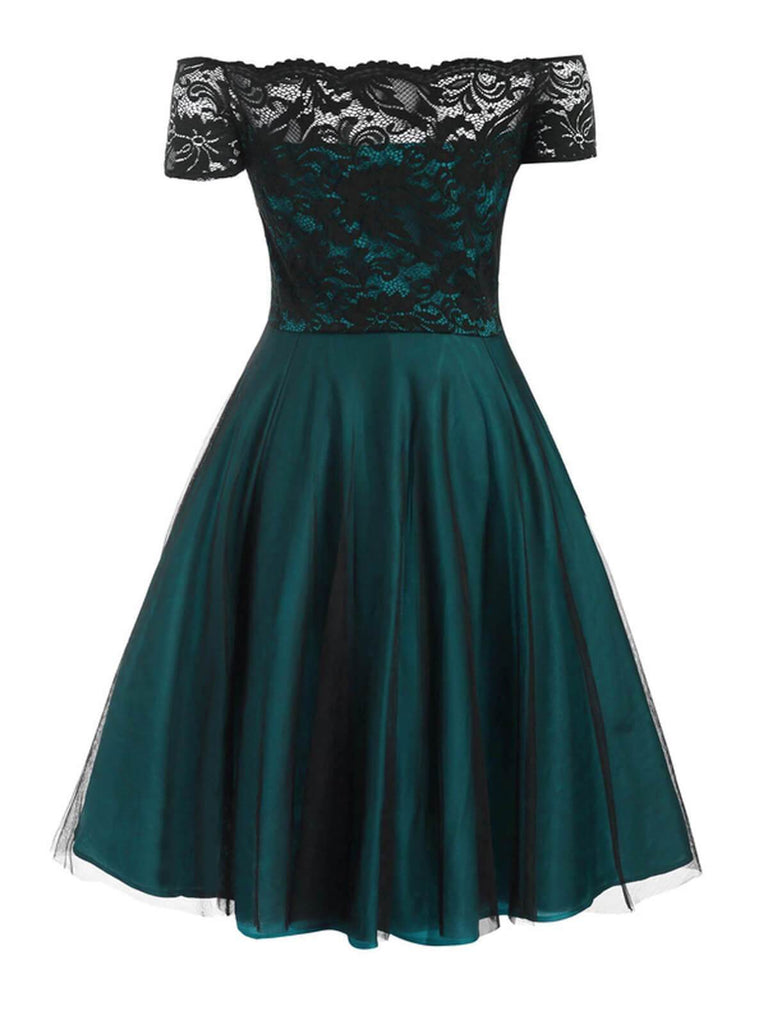 1950er Spitze Schulterfrei Blumen Swing Kleid