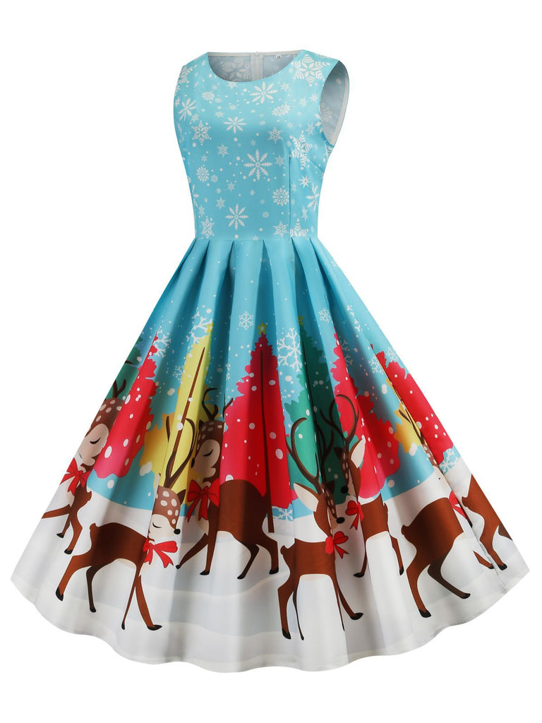 Blau 1950er Weihnachten Schneeflocke Swing Kleid