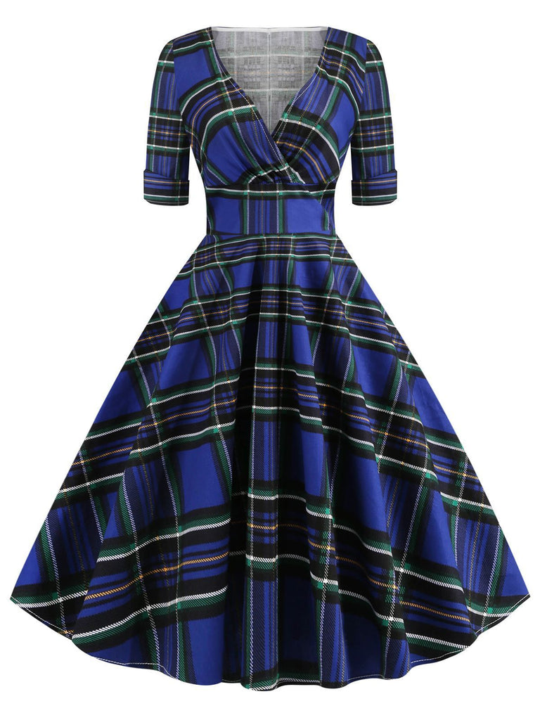 Blau 1950er Vintage Plaid V-Ausschnitt Swing Kleid