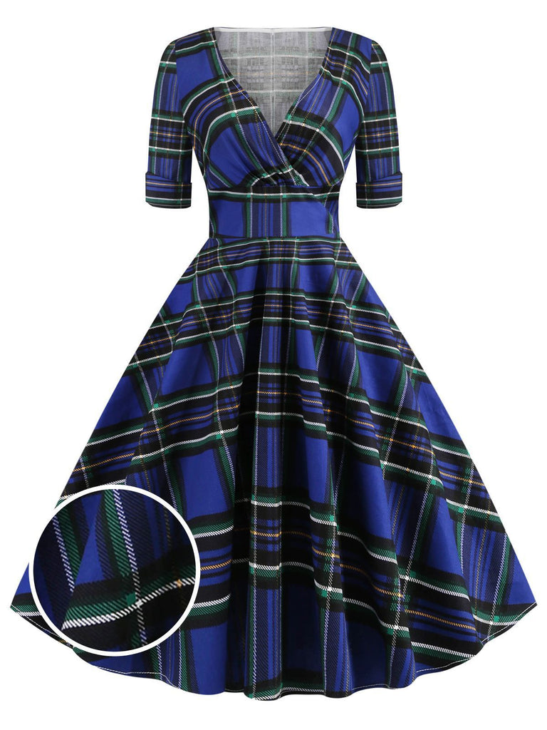 Blau 1950er Vintage Plaid V-Ausschnitt Swing Kleid