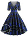 Blau 1950er Vintage Plaid V-Ausschnitt Swing Kleid