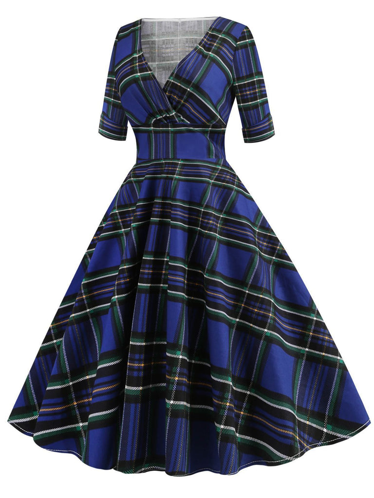 Blau 1950er Vintage Plaid V-Ausschnitt Swing Kleid