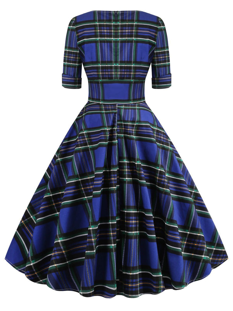 Blau 1950er Vintage Plaid V-Ausschnitt Swing Kleid