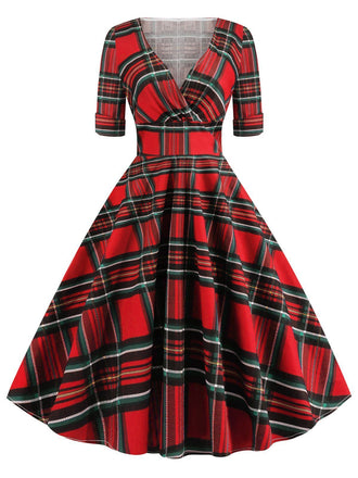 1950ER VINTAGE PLAID V-AUSSCHNITT KURZARM SWING KLEID
