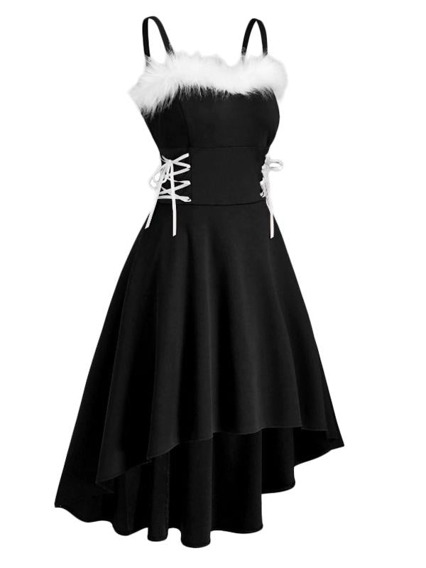 Schwarz 1950er Holo Hohe Taille Spaghettiträger Kleid