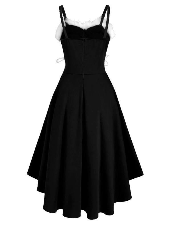 Schwarz 1950er Holo Hohe Taille Spaghettiträger Kleid