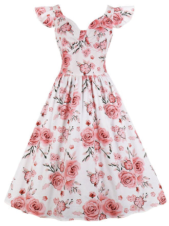 1950ER BLUMEN V-AUSSCHNITT SWING KLEID