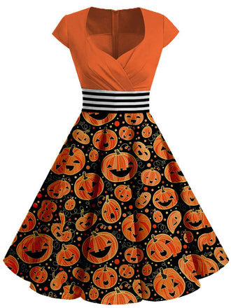 [Große Größen] Orange 1950er Halloween Orange Kürbis Patchwork Swing Kleid