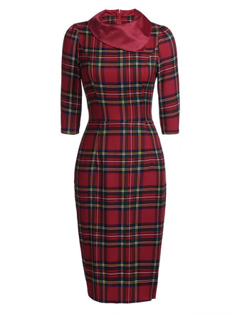 1960er VINTAGE PLAID HALBE ÄRMEL PENCIL KLEID