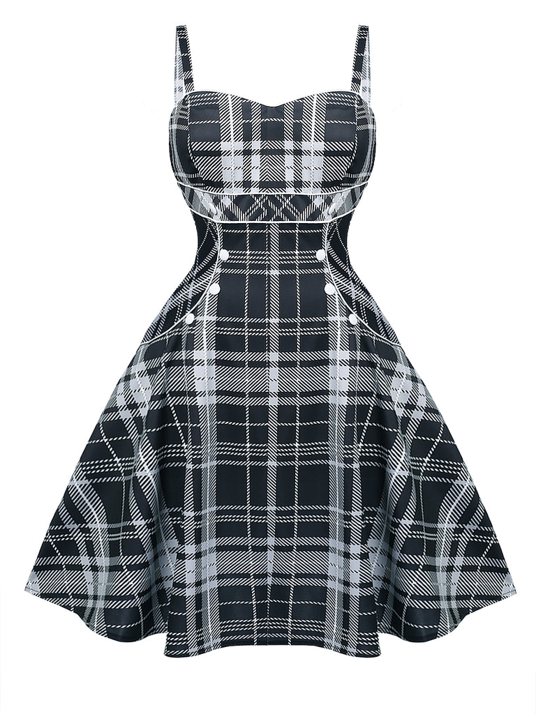 Schwarz 1950er Plaid Spaghettiträger Swing Kleid