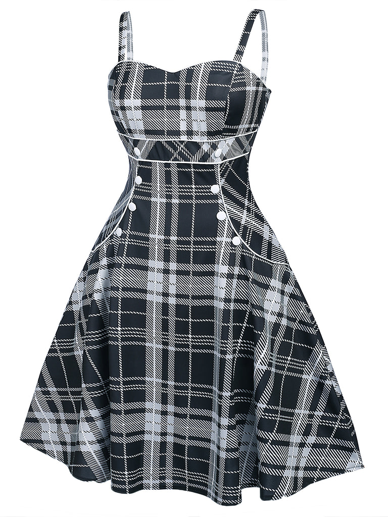 Grün 1950er Plaid Spaghettiträger Swing Kleid