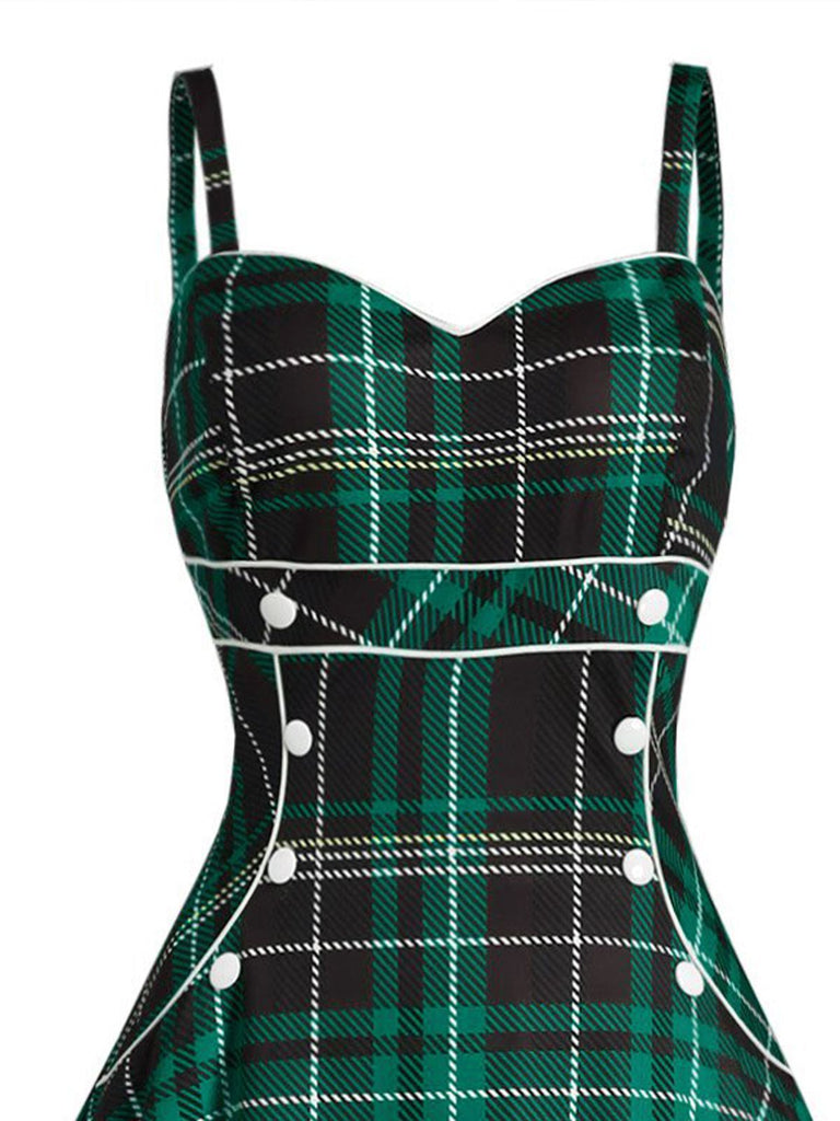 Grün 1950er Plaid Spaghettiträger Swing Kleid