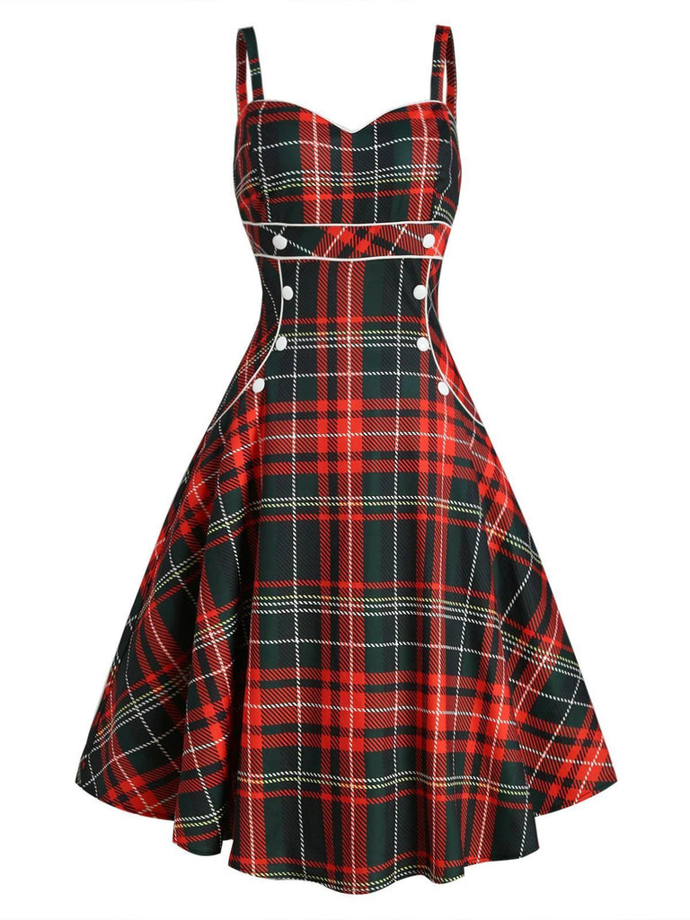 Schwarz 1950er Plaid Spaghettiträger Swing Kleid