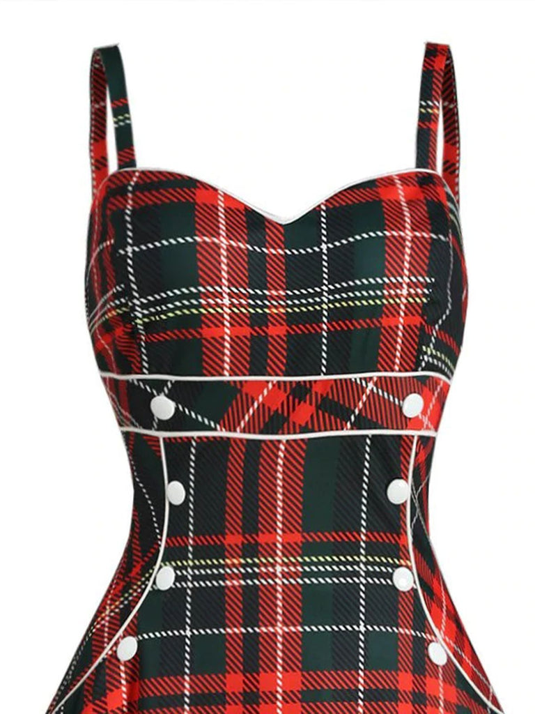 Schwarz 1950er Plaid Spaghettiträger Swing Kleid