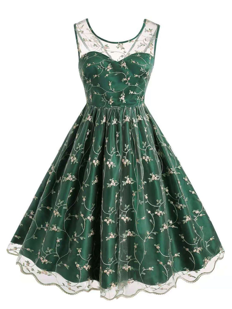 [Übergröße] GRÜN 1950ER SPITZE ÄRMELLOS SWING KLEID