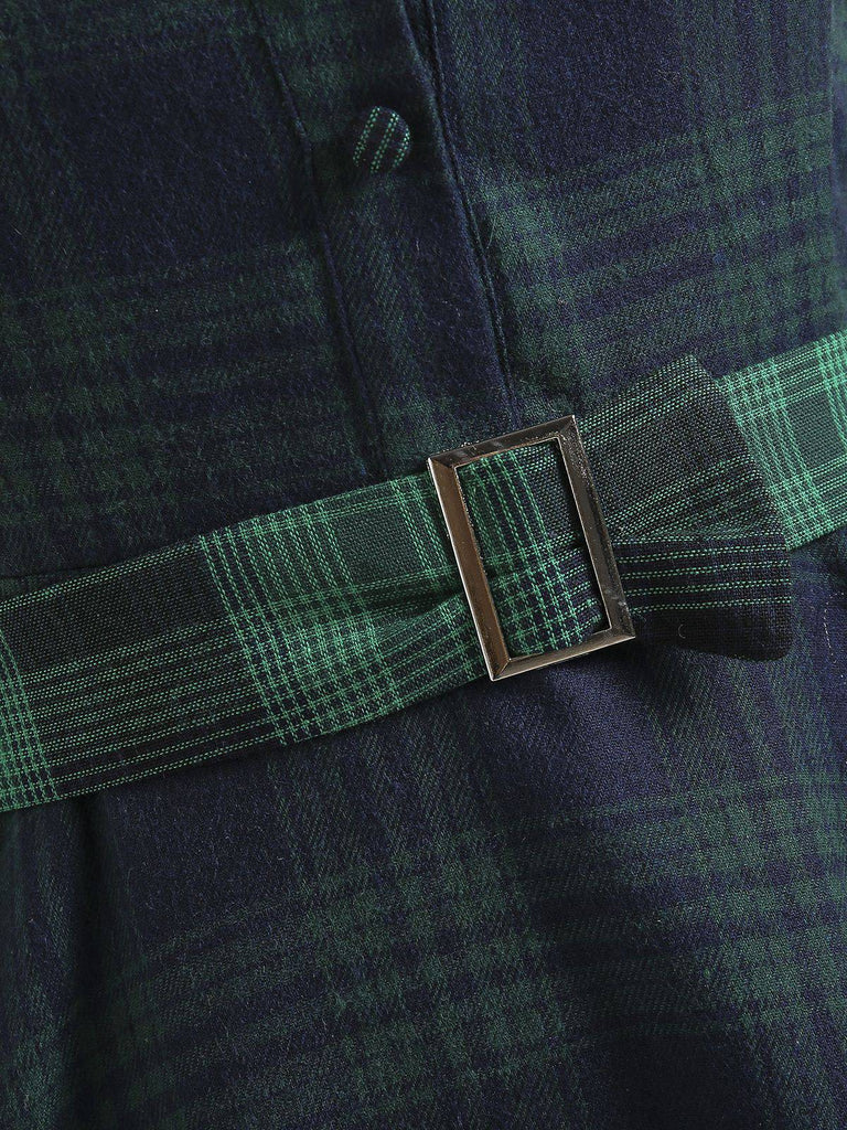 Olivgrün 1950er Plaid Knöpfen Gürtel Kleid