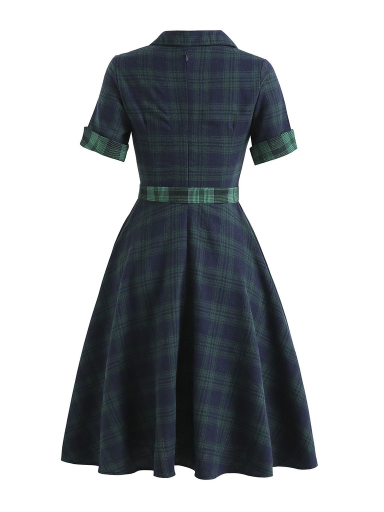 Olivgrün 1950er Plaid Knöpfen Gürtel Kleid