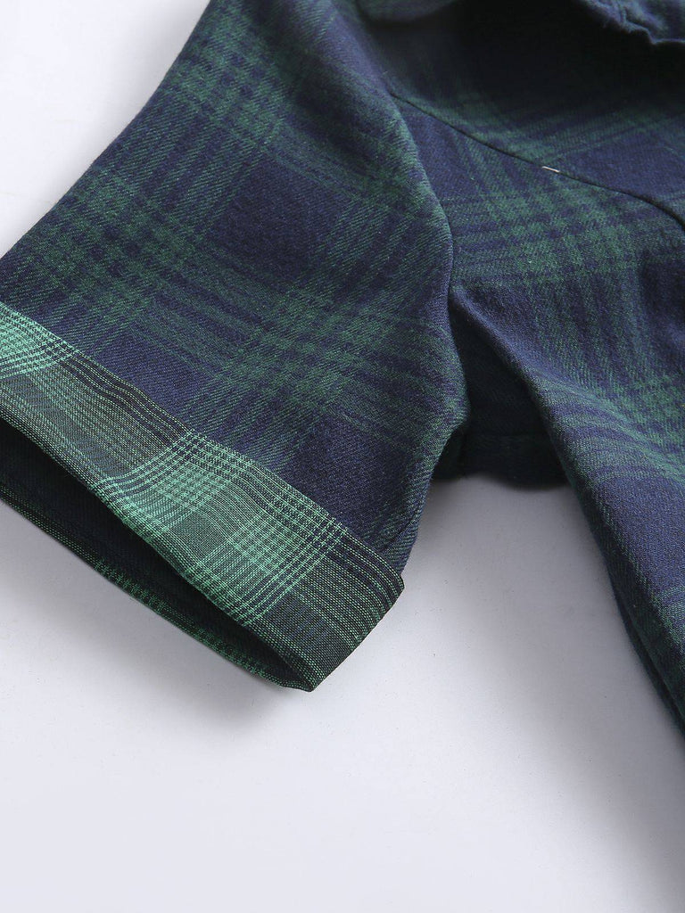 Olivgrün 1950er Plaid Knöpfen Gürtel Kleid