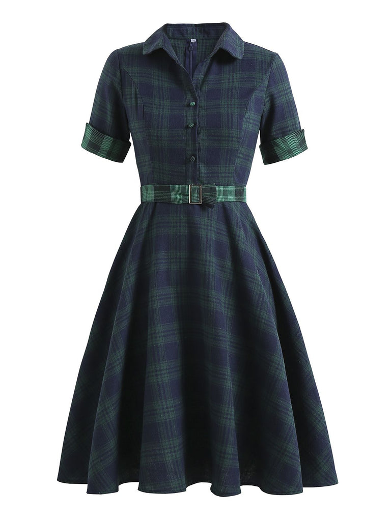 Olivgrün 1950er Plaid Knöpfen Gürtel Kleid
