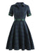 Olivgrün 1950er Plaid Knöpfen Gürtel Kleid