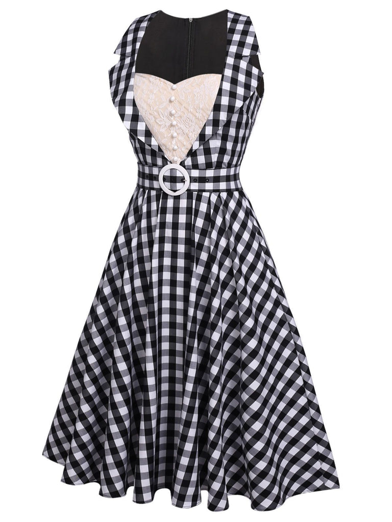 1950ER SCHWARZ PLAID KONTROLLGURT KLEID