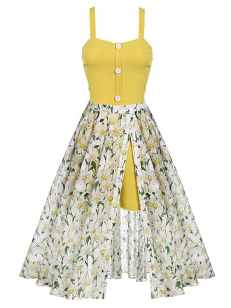 2PCS 1950ER GELB &WEISS BLUMEN KLEID