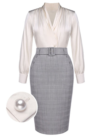 ELFENBEINFARBENE EINFARBIGE BLUSE & GRAUER ROCK