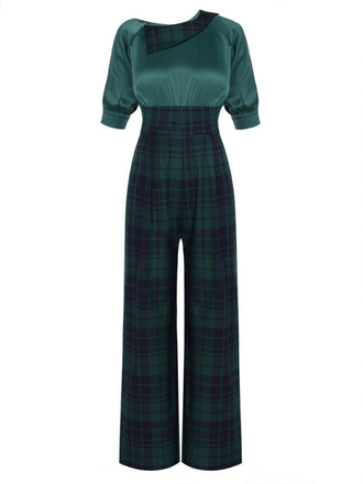 1950er Grüner Plaid Patchwork Jumpsuit