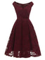 Weinrot 1950er Blumen V-Ausschnitt Spitzen Swing Kleid