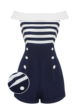 Marineblau 1950er Patchwork Schulterfrei Gestreift Romper