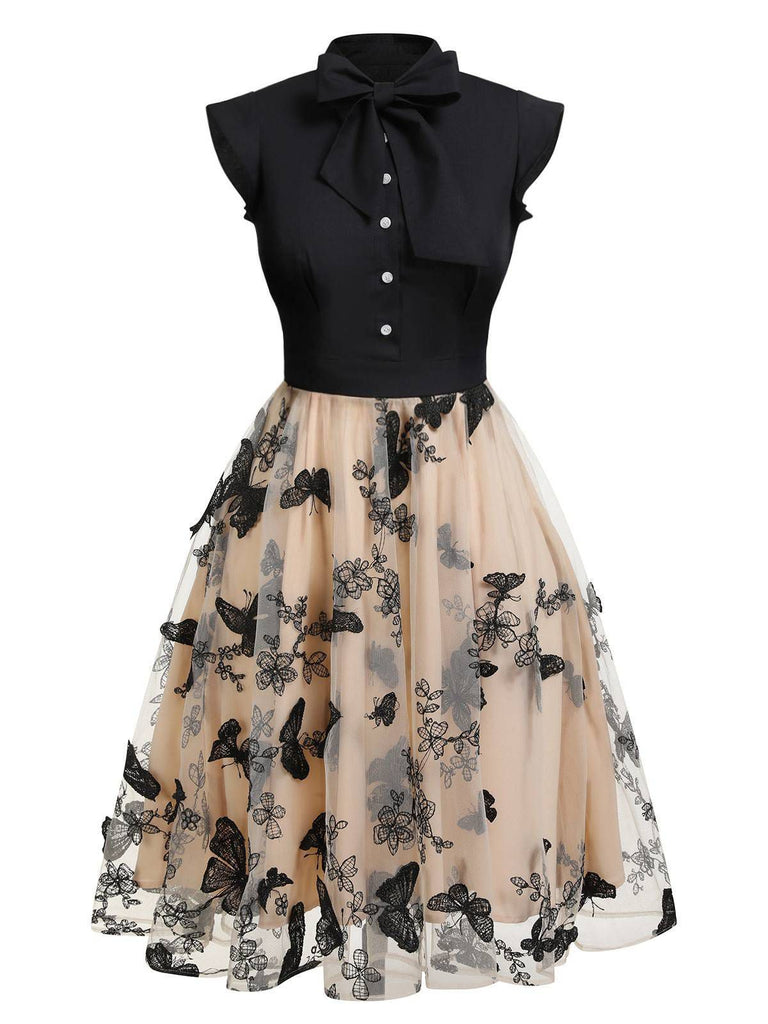 [Übergröße] Schwarzes 1950er Schmetterling Patchwork Vintage Kleid