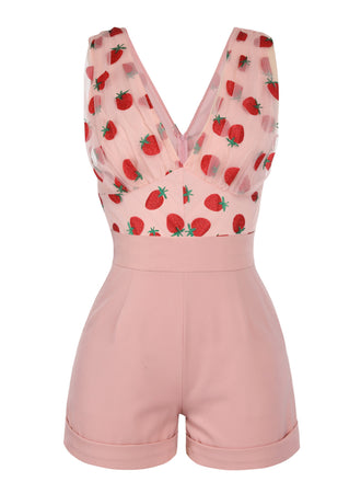 Rosa 1950er Erdbeere Patchwork Spitzen Romper