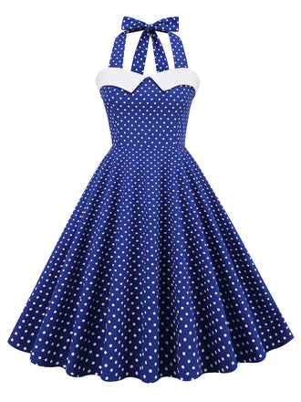 1950ER BLAUEM POLKA DOT HALFTER SWING KLEID