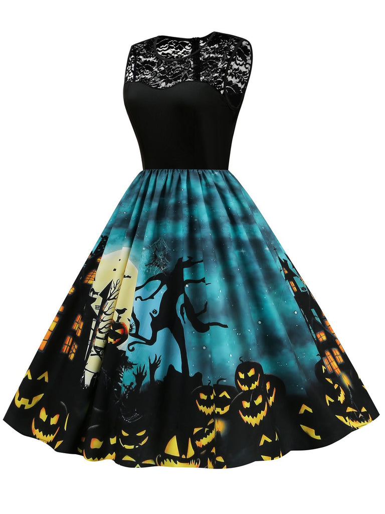 Blaues 1950er Halloween Spitzen Patchwork Kleid