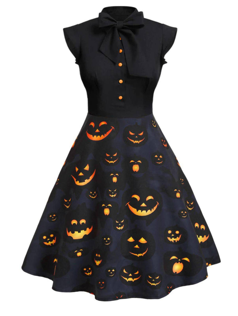 Schwarzes 1950er Halloween Kürbis Patchwork Kleid