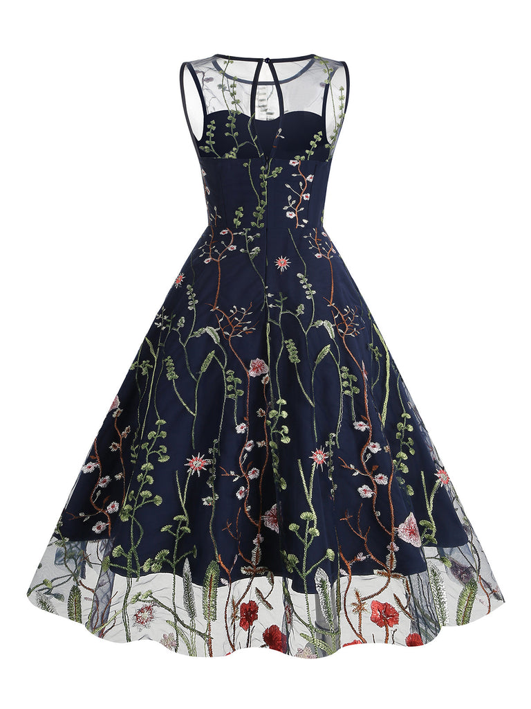 1950er Blumen Gaze Ärmelloses Swing Kleid