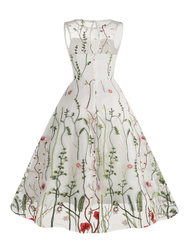 1950er Blumen Gaze Ärmelloses Swing Kleid