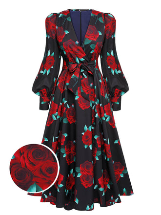 Schwarz 1940er Rosen Laternenärmel Schnürung Kleid