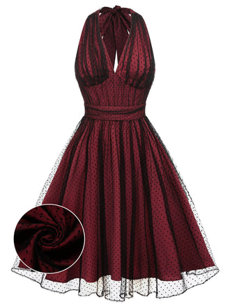 Rot 1950er Punkte Netz Swing Kleid