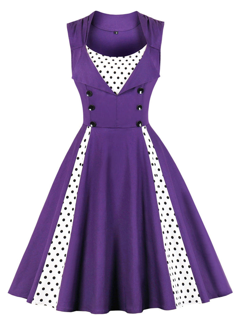 1950er Polka Dots Revers Patchwork Swing Kleid