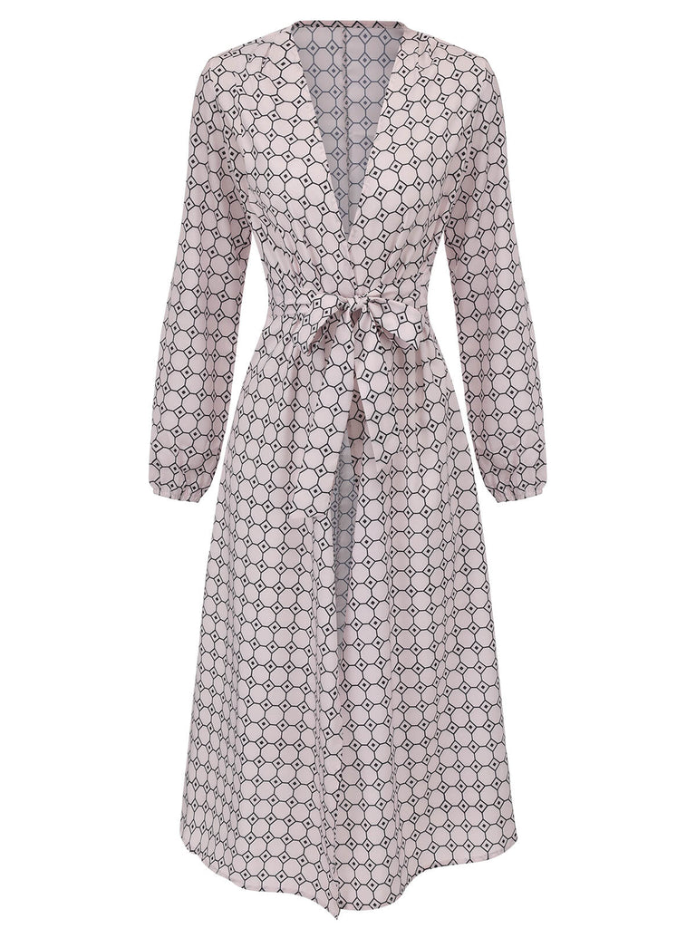 Apricot 1940er Geometrisches Kleid mit tiefem V-Ausschnitt