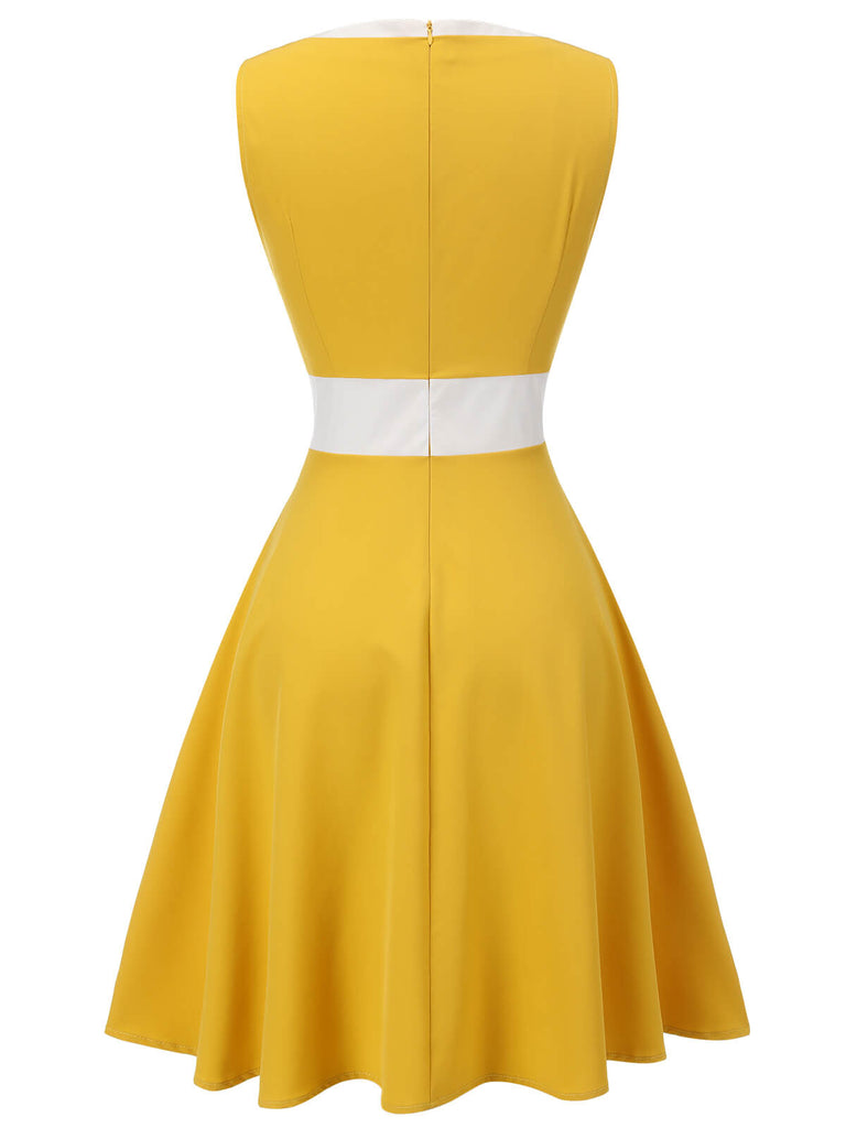 Gelbes & weißes 1950er Knöpfe Patchwork Kleid