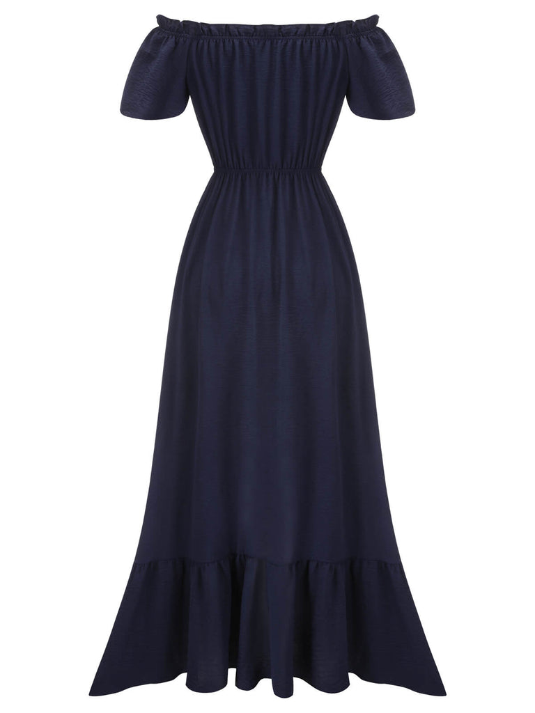 1930er  Marineblaues langes Kleid mit einer Schulter und einem Knopf