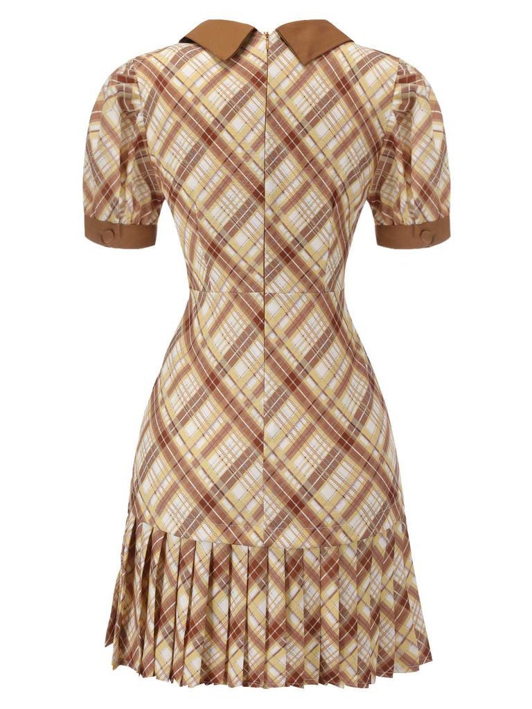 1960er Kariertes Plissee-Kleid mit Puffärmeln
