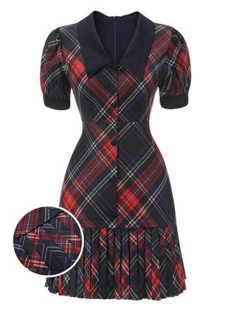 1960er Kariertes Plissee-Kleid mit Puffärmeln