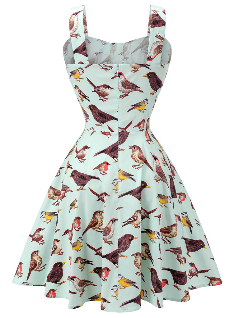 Grünes 1950er Vogel Quadratischer Kragen Ärmelloses Kleid